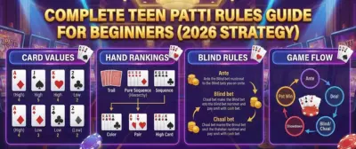 Teen Patti rules guide showing card rankings and gameplay strategy on table