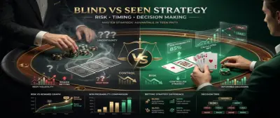Teen Patti player deciding between blind and seen strategy at the 3 Patti card table