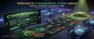 Beginner Teen Patti players at a tournament table with registration screen for 3 Patti competition